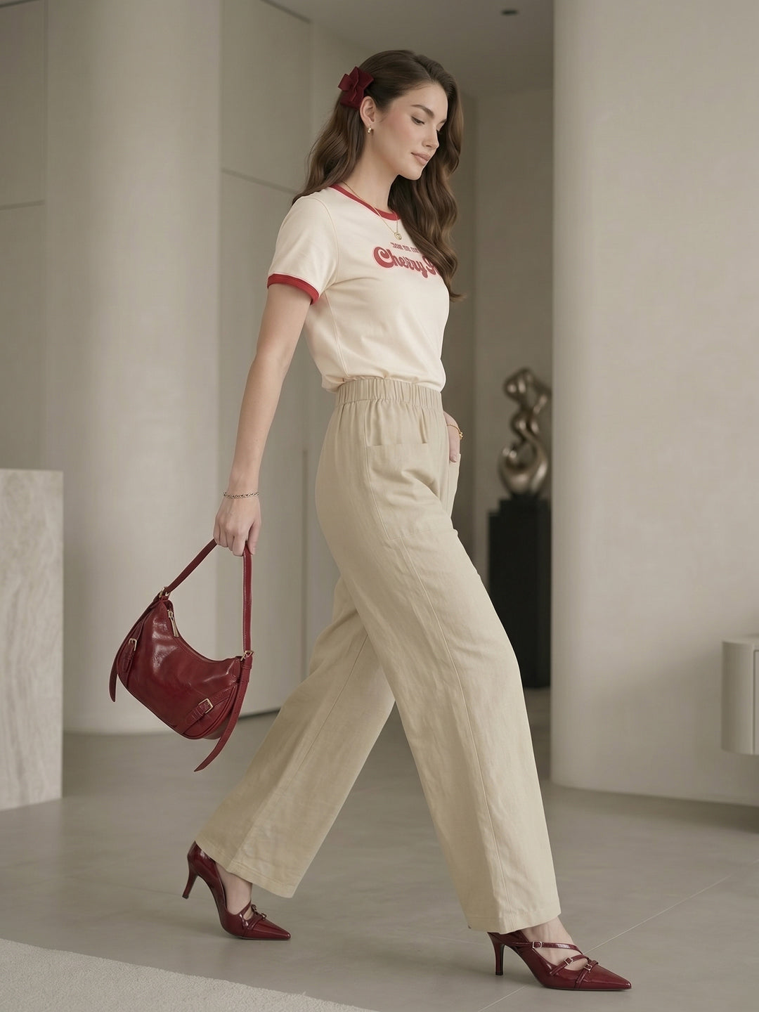 Women's Beige High-Waist Belted Wide-Leg Trousers