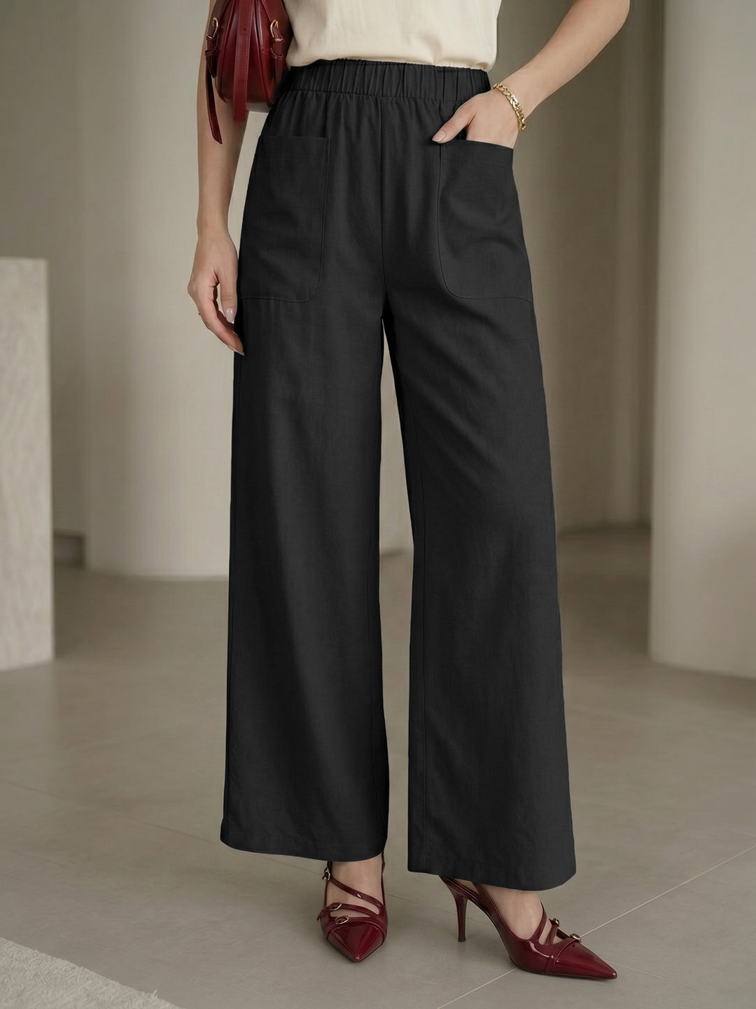 Women's Black High-Rise Relaxed Wide-Leg Trouser with Front Patch Pockets