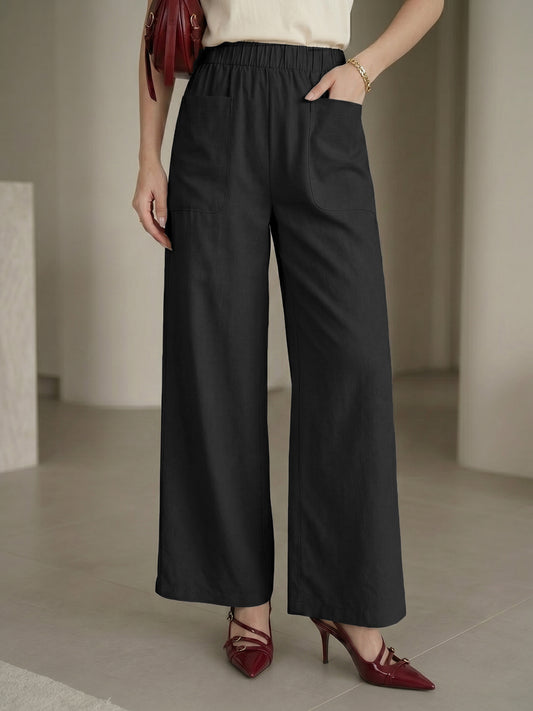 Women's Black High-Rise Relaxed Wide-Leg Trouser with Front Patch Pockets