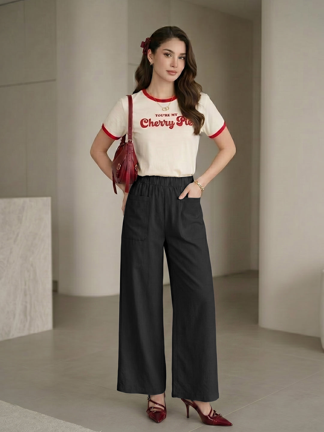 Women's Black High-Rise Relaxed Wide-Leg Trouser with Front Patch Pockets