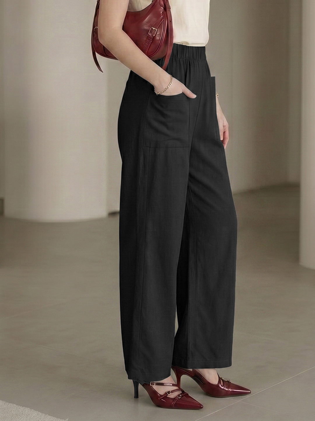 Women's Black High-Rise Relaxed Wide-Leg Trouser with Front Patch Pockets