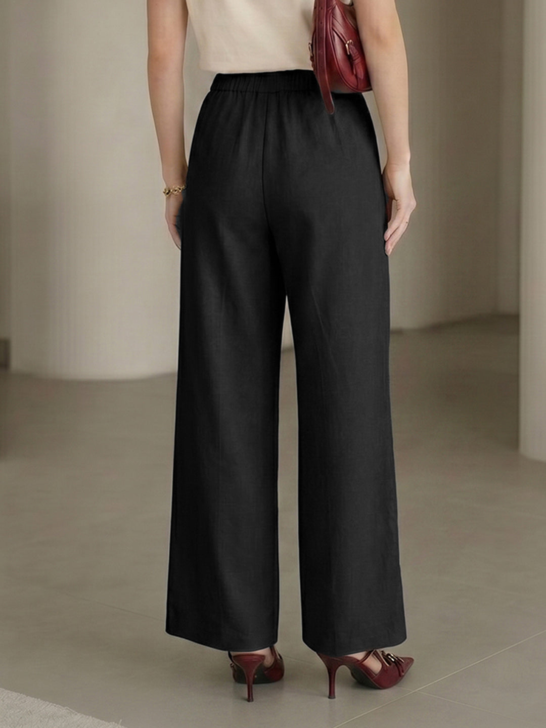 Women's Black High-Rise Relaxed Wide-Leg Trouser with Front Patch Pockets
