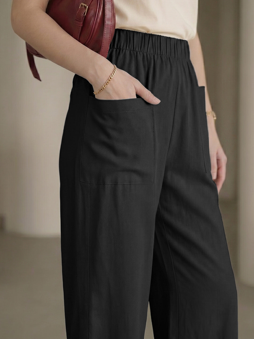 Women's Black High-Rise Relaxed Wide-Leg Trouser with Front Patch Pockets