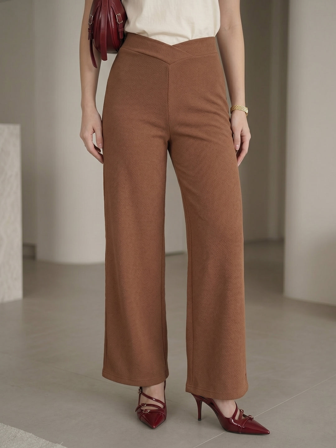 Women's Beige High-Rise Relaxed Wide-Leg Trouser with Front Patch Pockets