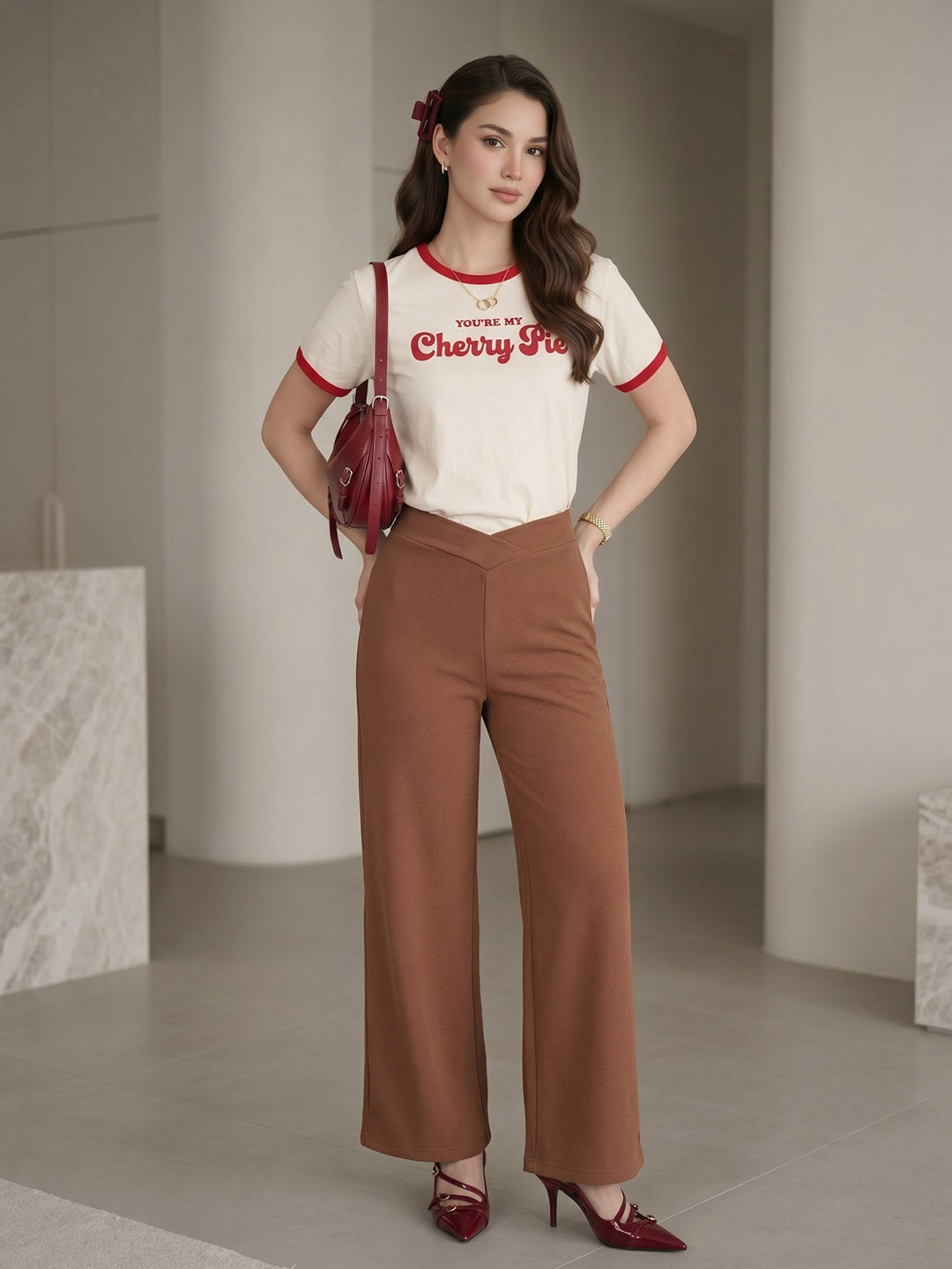 Women's Beige High-Rise Relaxed Wide-Leg Trouser with Front Patch Pockets