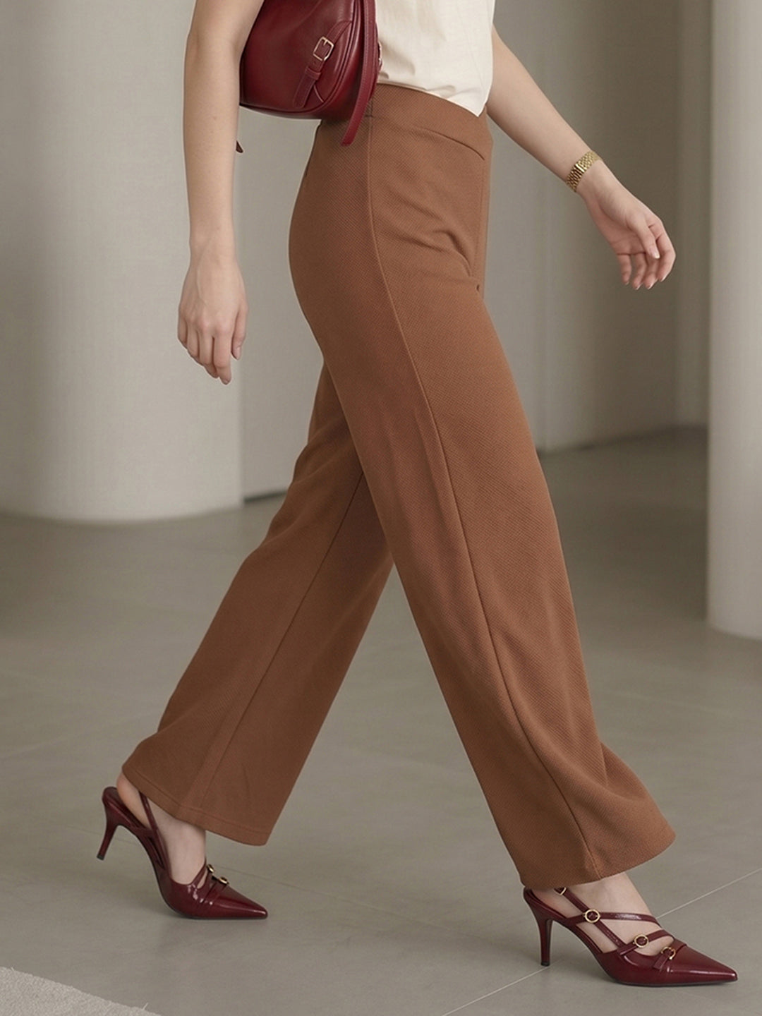 Women's Beige High-Rise Relaxed Wide-Leg Trouser with Front Patch Pockets