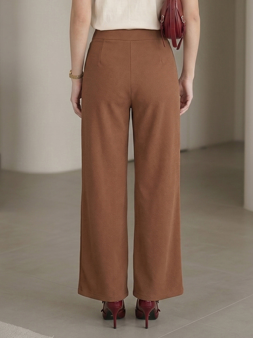 Women's Beige High-Rise Relaxed Wide-Leg Trouser with Front Patch Pockets