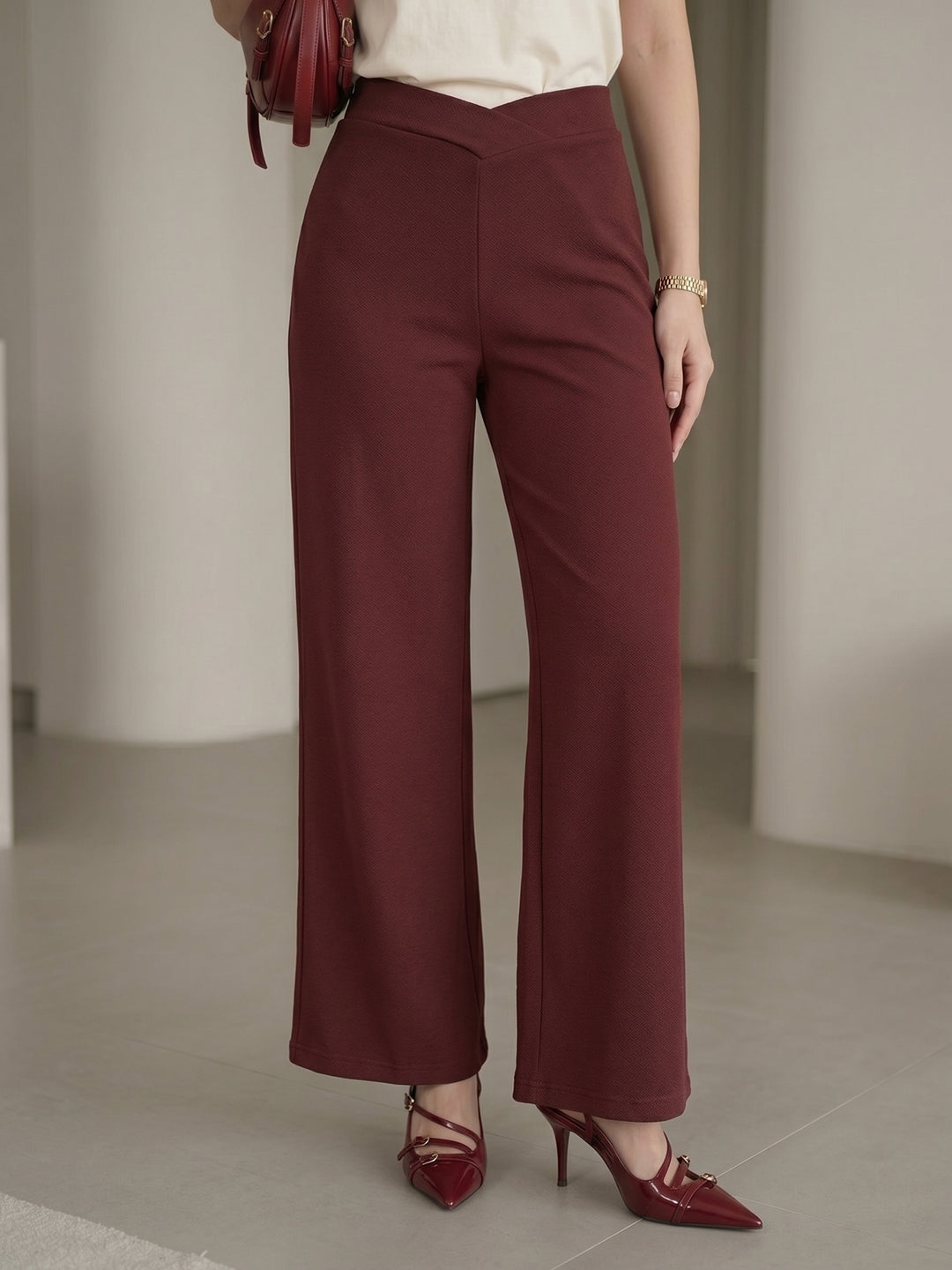 Women's Brown V-Cut Waist High-Rise Wide-Leg Trousers