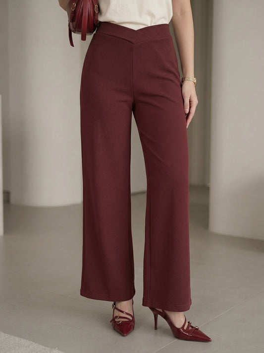 Women's Brown V-Cut Waist High-Rise Wide-Leg Trousers