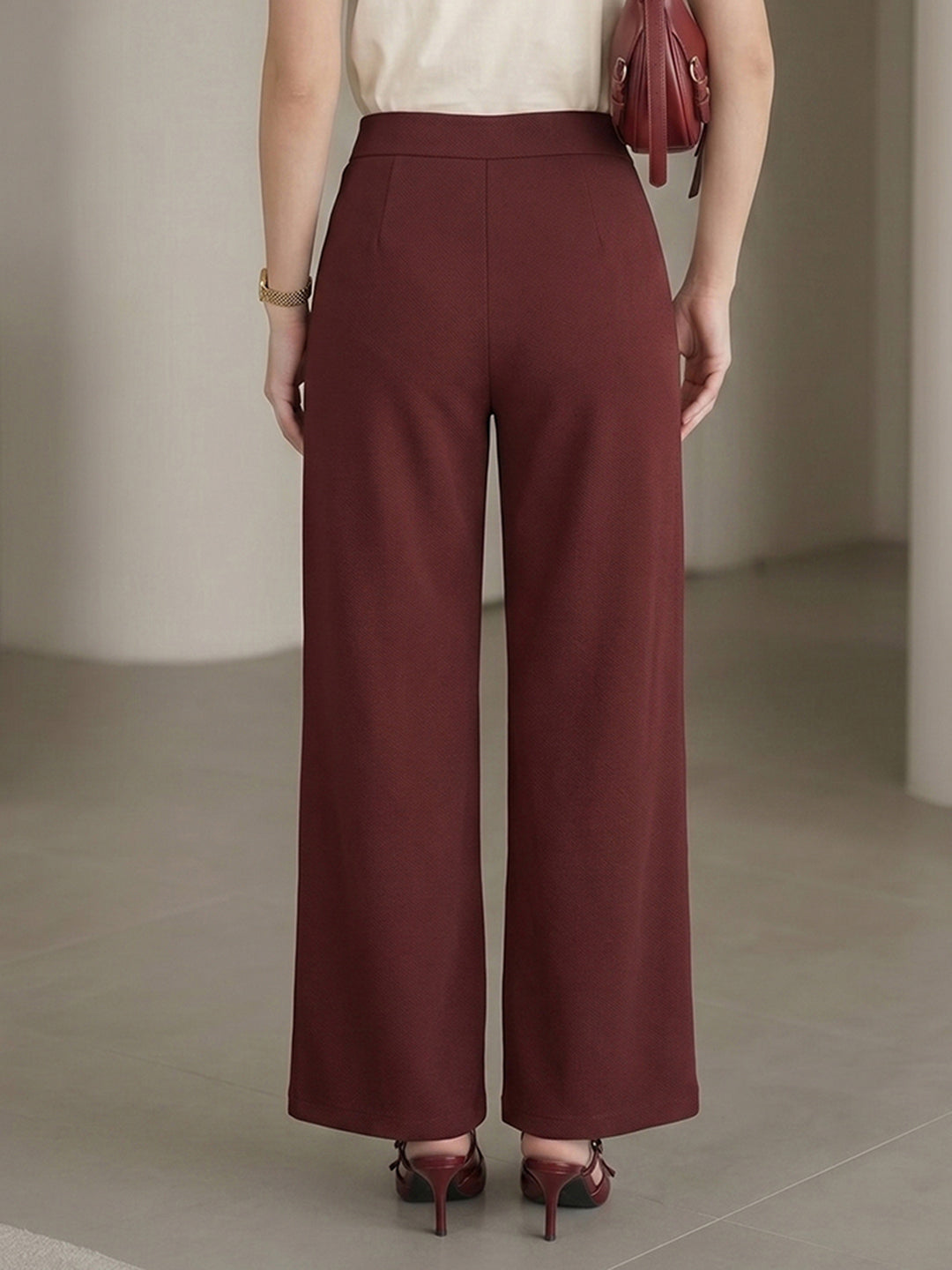 Women's Brown V-Cut Waist High-Rise Wide-Leg Trousers