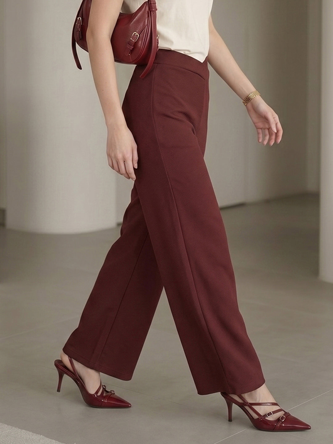 Women's Brown V-Cut Waist High-Rise Wide-Leg Trousers