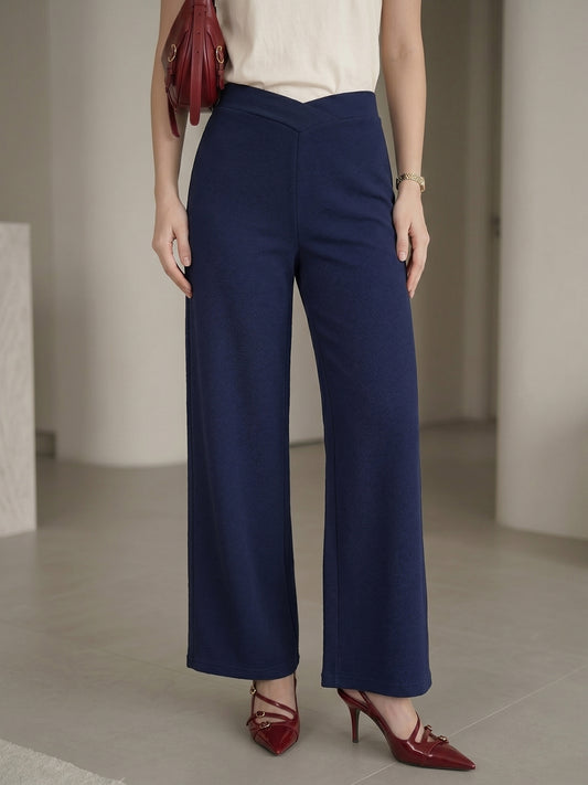 DTR FASHION Women's Blue V-Cut Waist High-Rise Wide-Leg Trousers