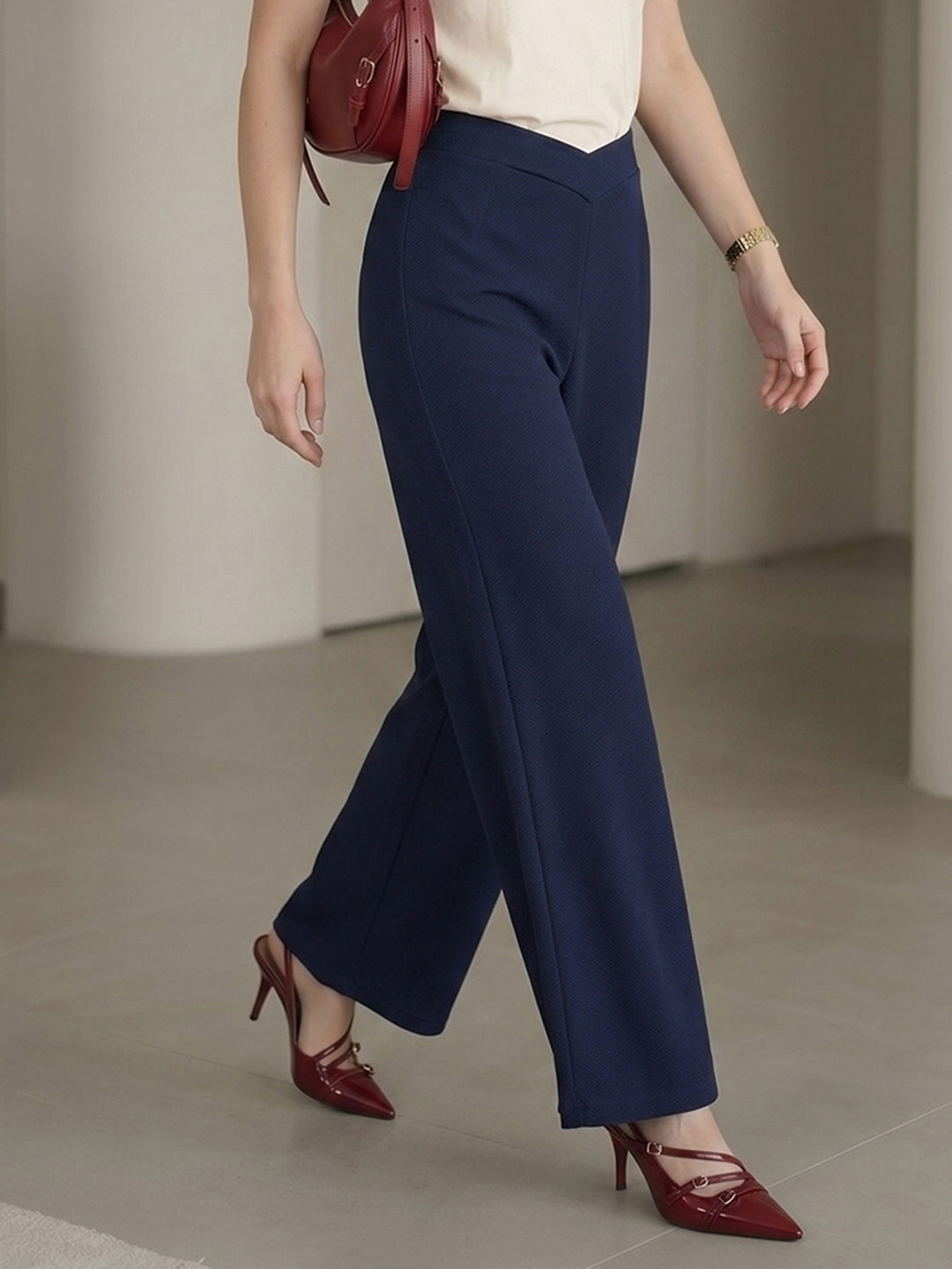 DTR FASHION Women's Blue V-Cut Waist High-Rise Wide-Leg Trousers
