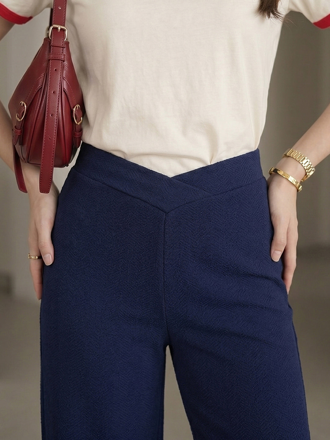 DTR FASHION Women's Blue V-Cut Waist High-Rise Wide-Leg Trousers