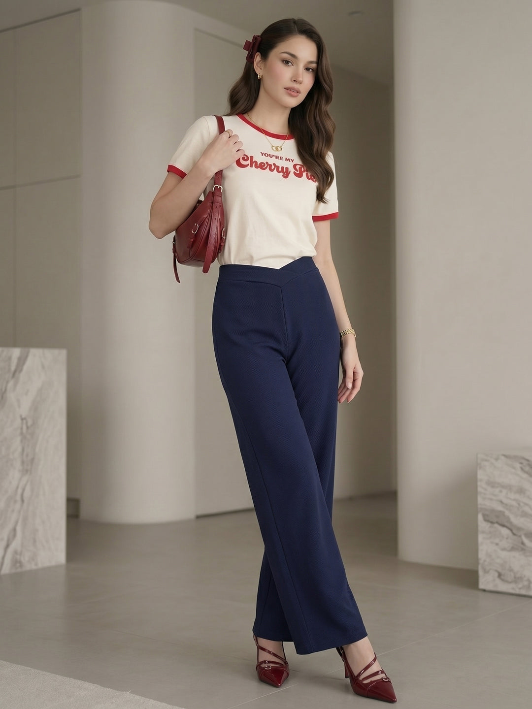 DTR FASHION Women's Blue V-Cut Waist High-Rise Wide-Leg Trousers