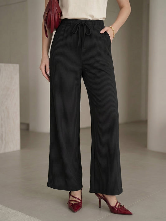 Women's Black V-Cut Waist High-Rise Wide-Leg Trousers