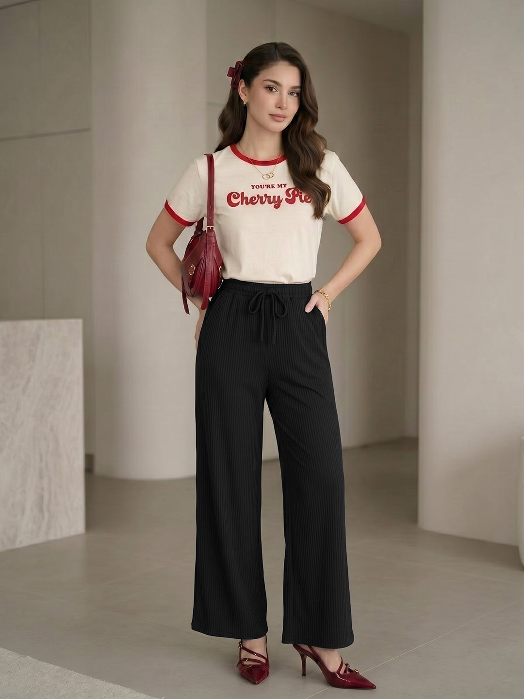 Women's Black V-Cut Waist High-Rise Wide-Leg Trousers