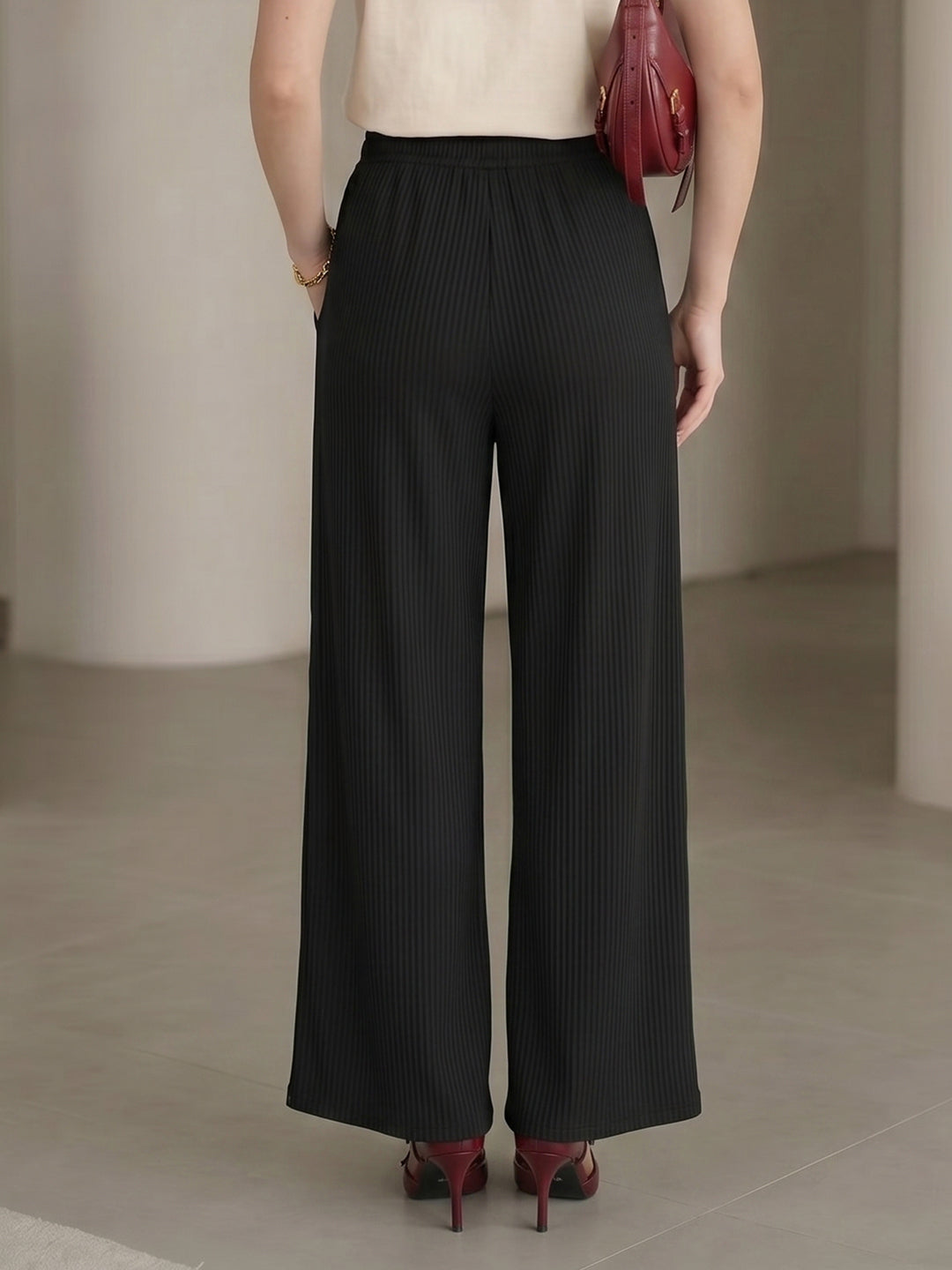 Women's Black V-Cut Waist High-Rise Wide-Leg Trousers