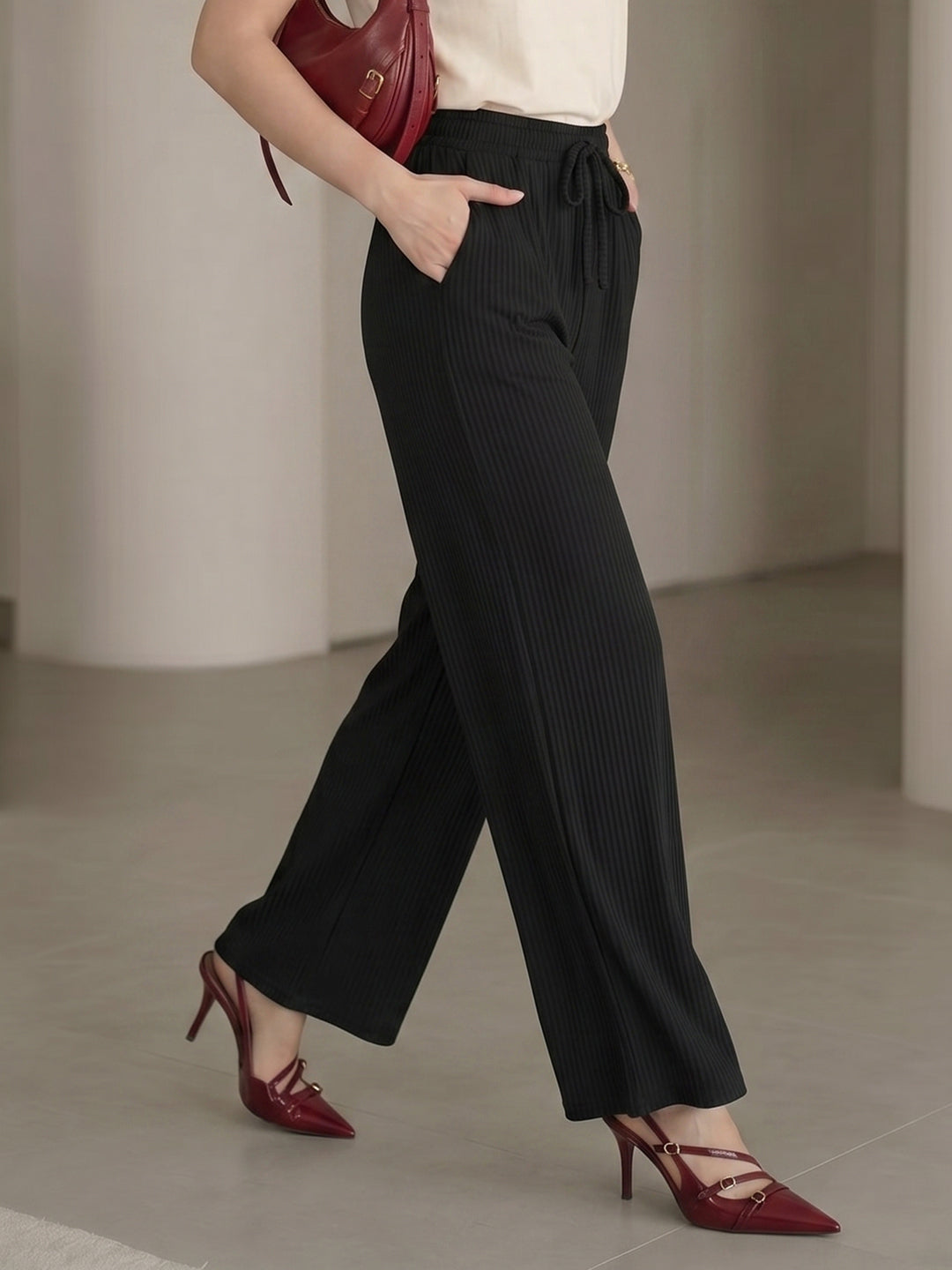 Women's Black V-Cut Waist High-Rise Wide-Leg Trousers