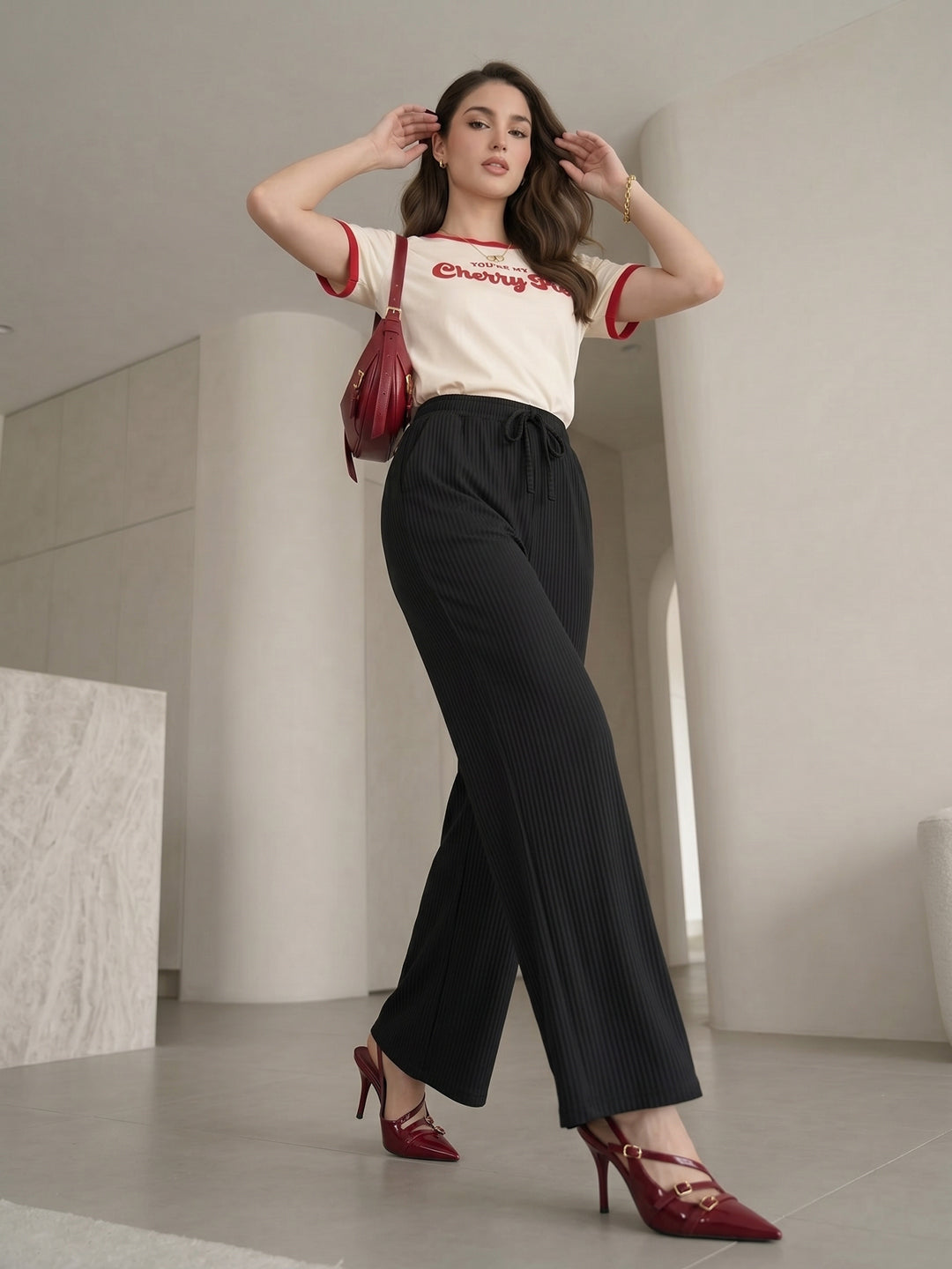 Women's Black V-Cut Waist High-Rise Wide-Leg Trousers
