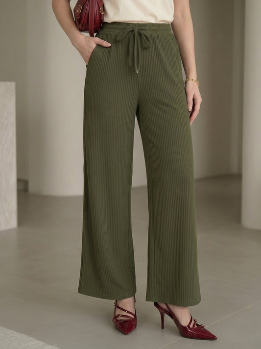 Women's Green Ribbed High-Waist Wide-Leg Trouser with Drawstring