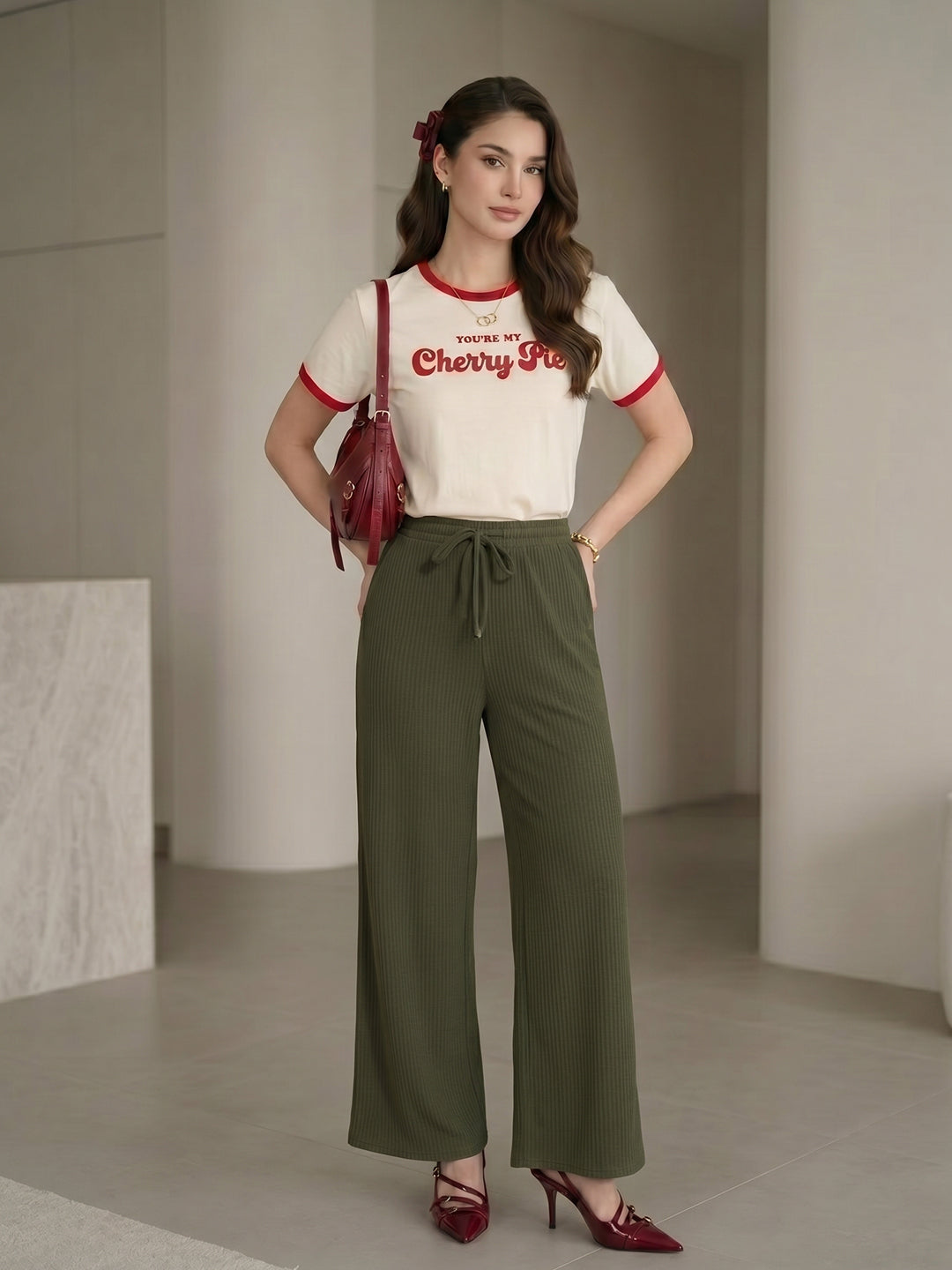Women's Green Ribbed High-Waist Wide-Leg Trouser with Drawstring