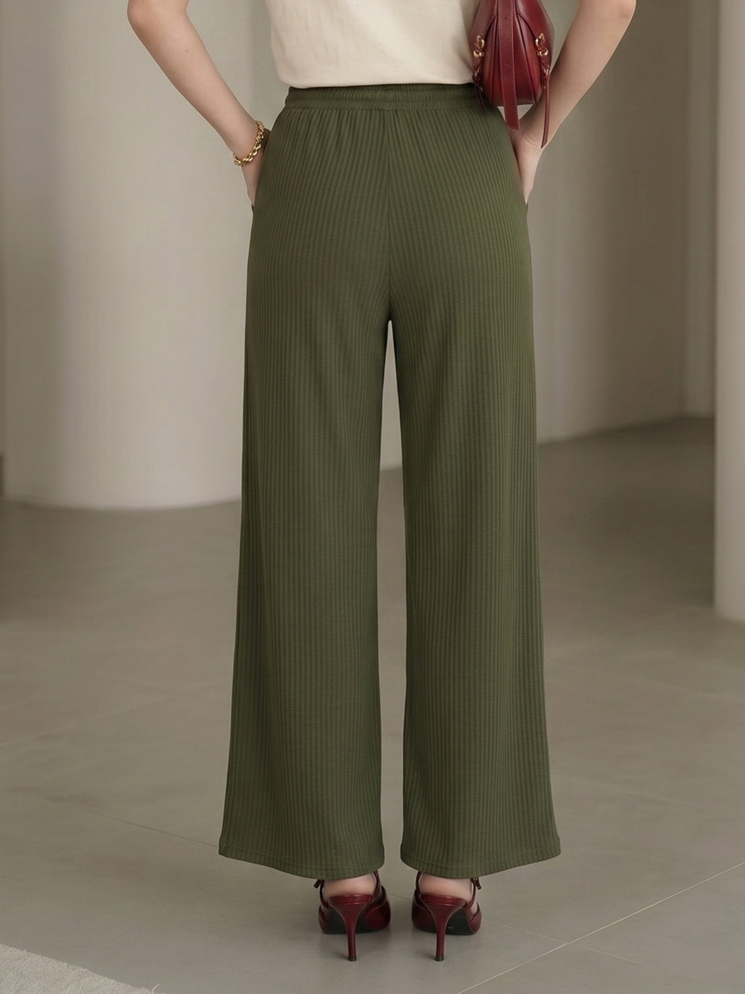Women's Green Ribbed High-Waist Wide-Leg Trouser with Drawstring