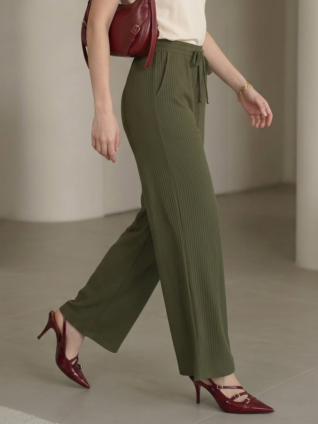 Women's Green Ribbed High-Waist Wide-Leg Trouser with Drawstring