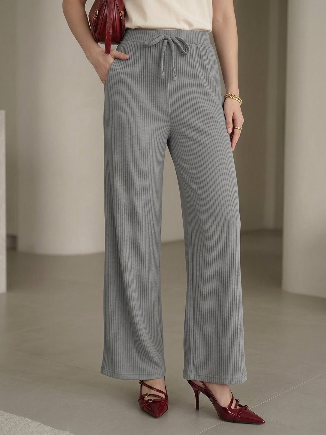 Women's Grey Ribbed High-Waist Wide-Leg Trouser with Drawstring