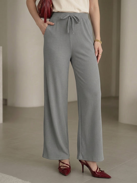 Women's Grey Ribbed High-Waist Wide-Leg Trouser with Drawstring