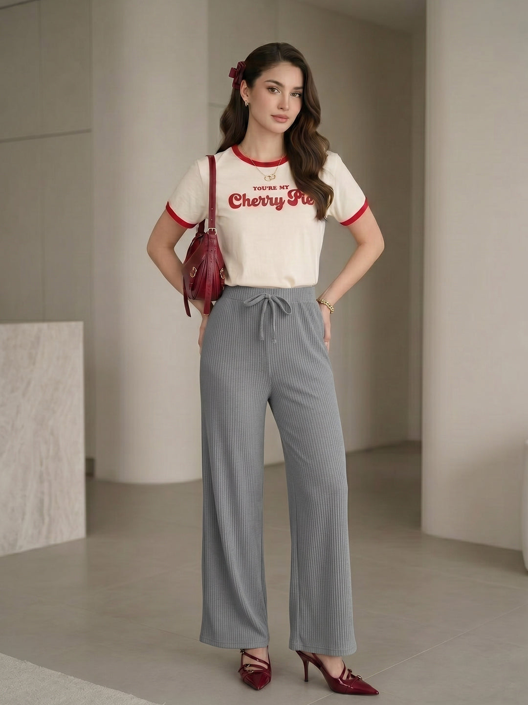 Women's Grey Ribbed High-Waist Wide-Leg Trouser with Drawstring