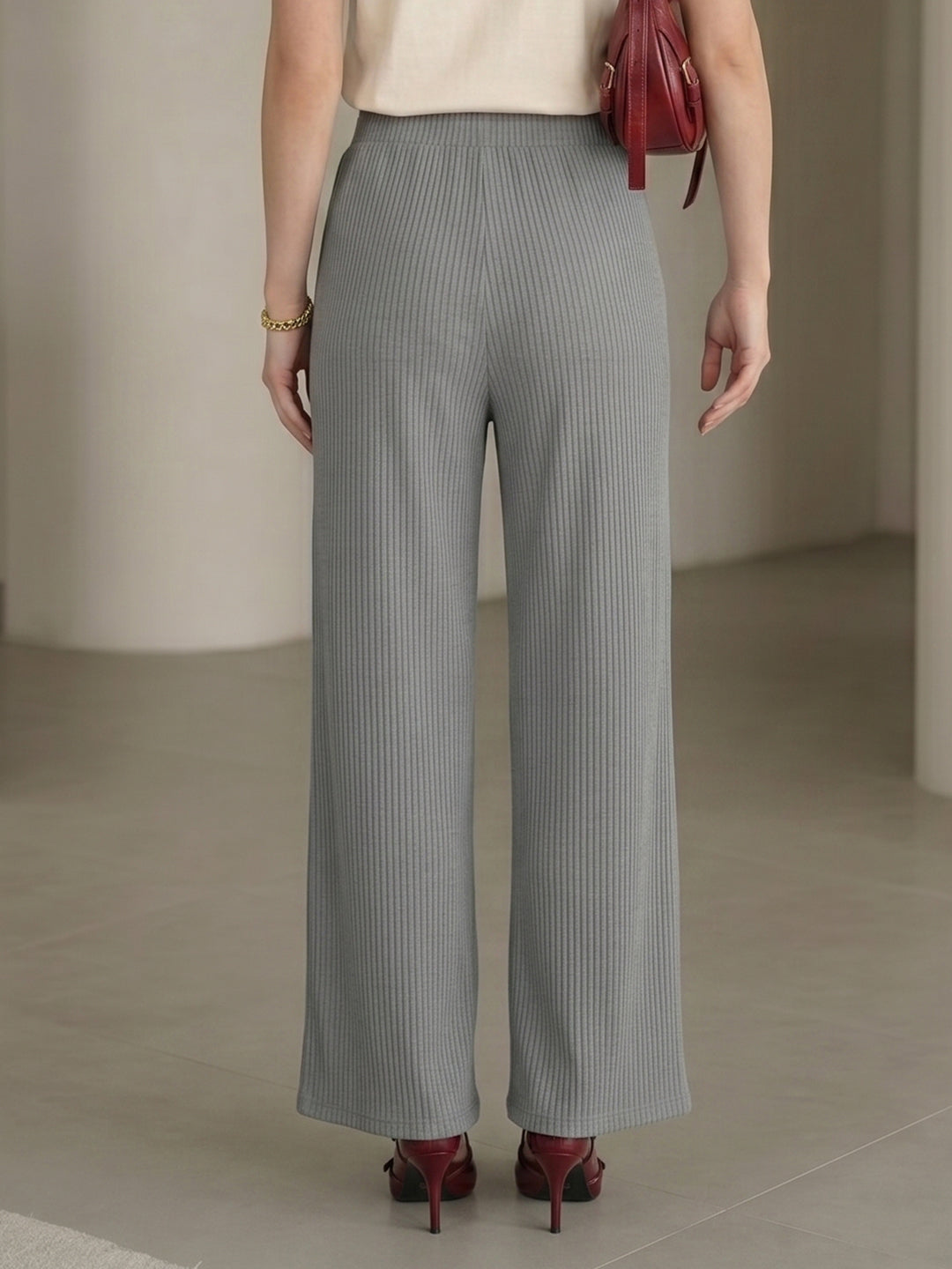 Women's Grey Ribbed High-Waist Wide-Leg Trouser with Drawstring