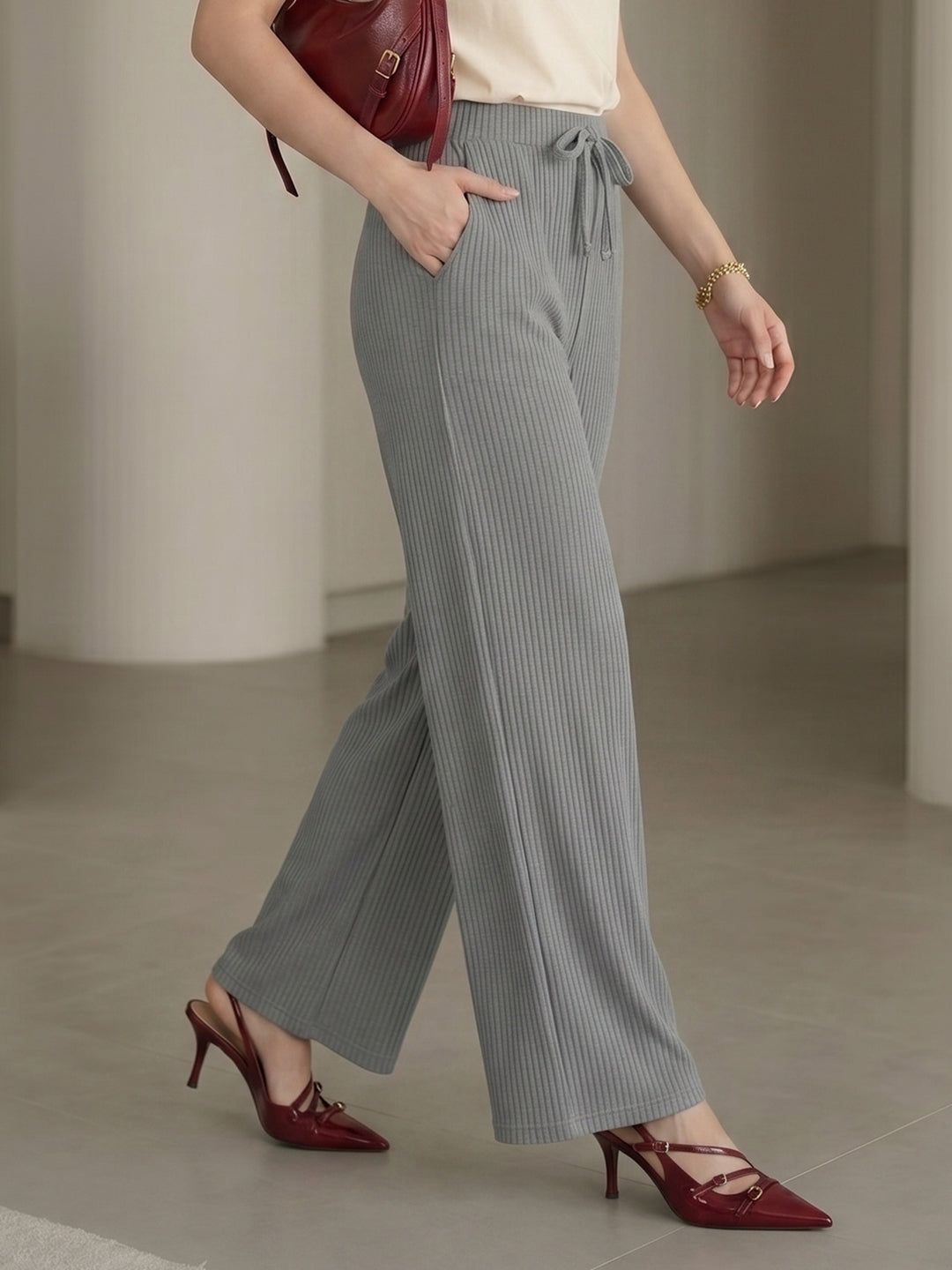 Women's Grey Ribbed High-Waist Wide-Leg Trouser with Drawstring