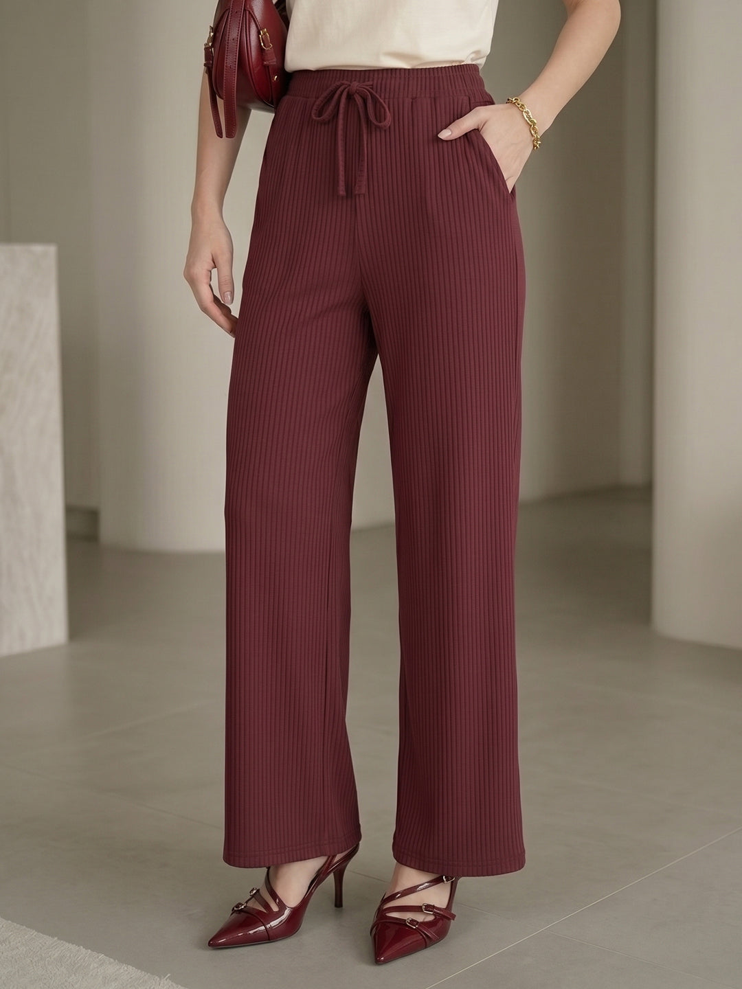 Women's Maroon Ribbed High-Waist Wide-Leg Trouser with Drawstring