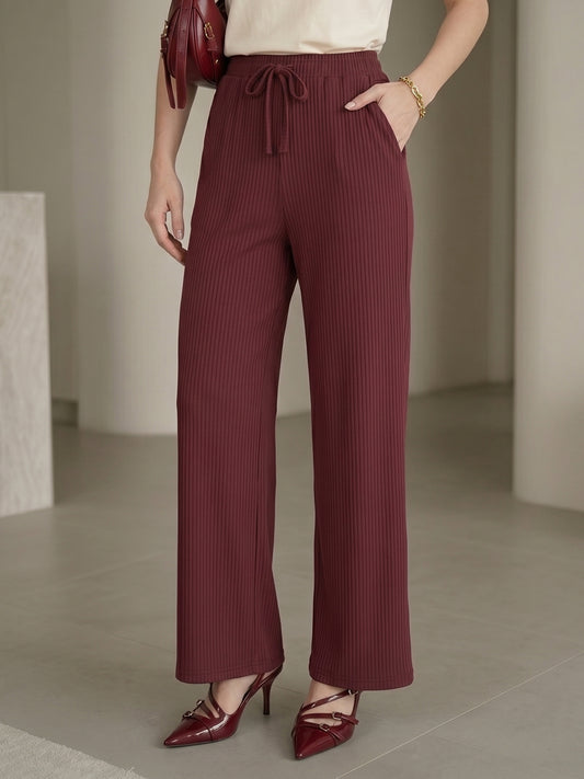 Women's Maroon Ribbed High-Waist Wide-Leg Trouser with Drawstring