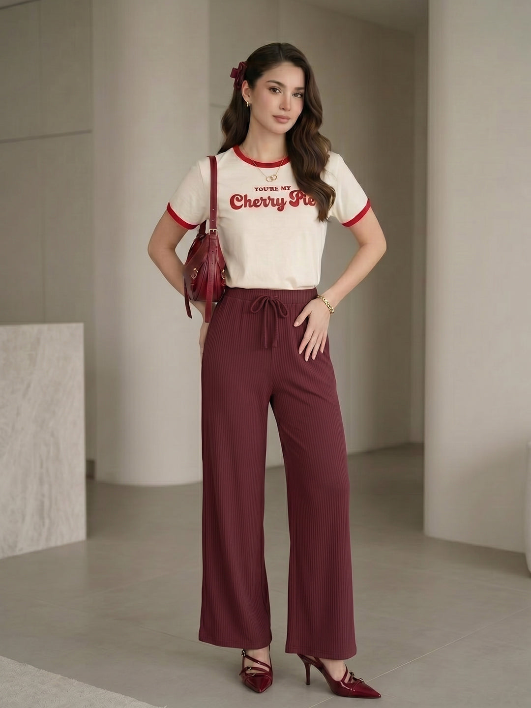 Women's Maroon Ribbed High-Waist Wide-Leg Trouser with Drawstring