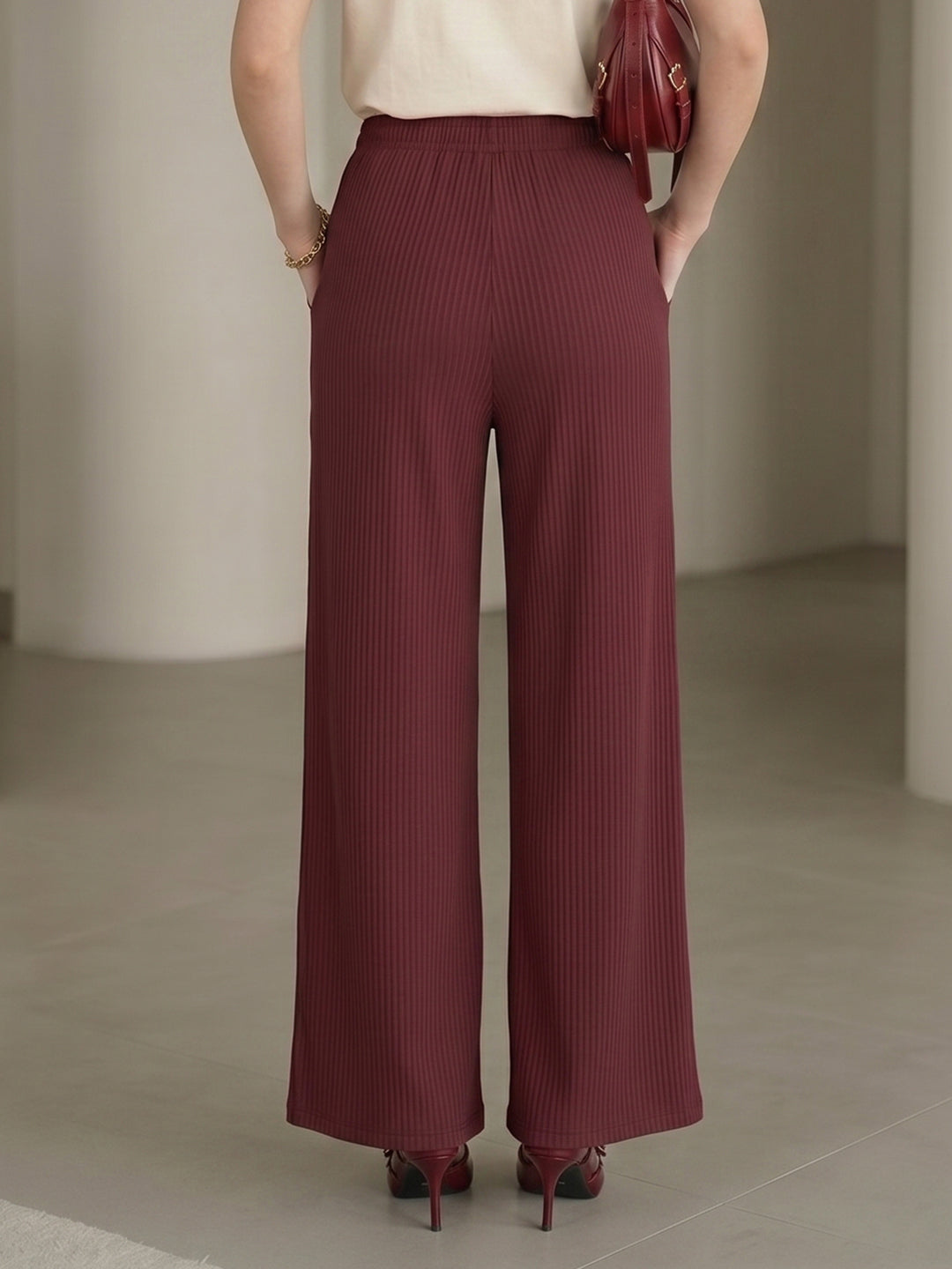 Women's Maroon Ribbed High-Waist Wide-Leg Trouser with Drawstring