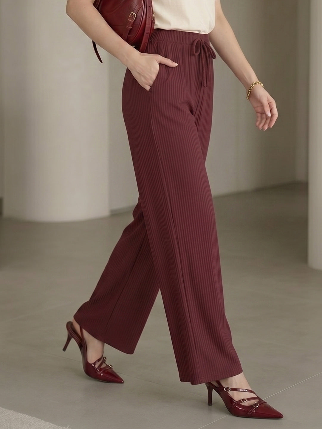 Women's Maroon Ribbed High-Waist Wide-Leg Trouser with Drawstring