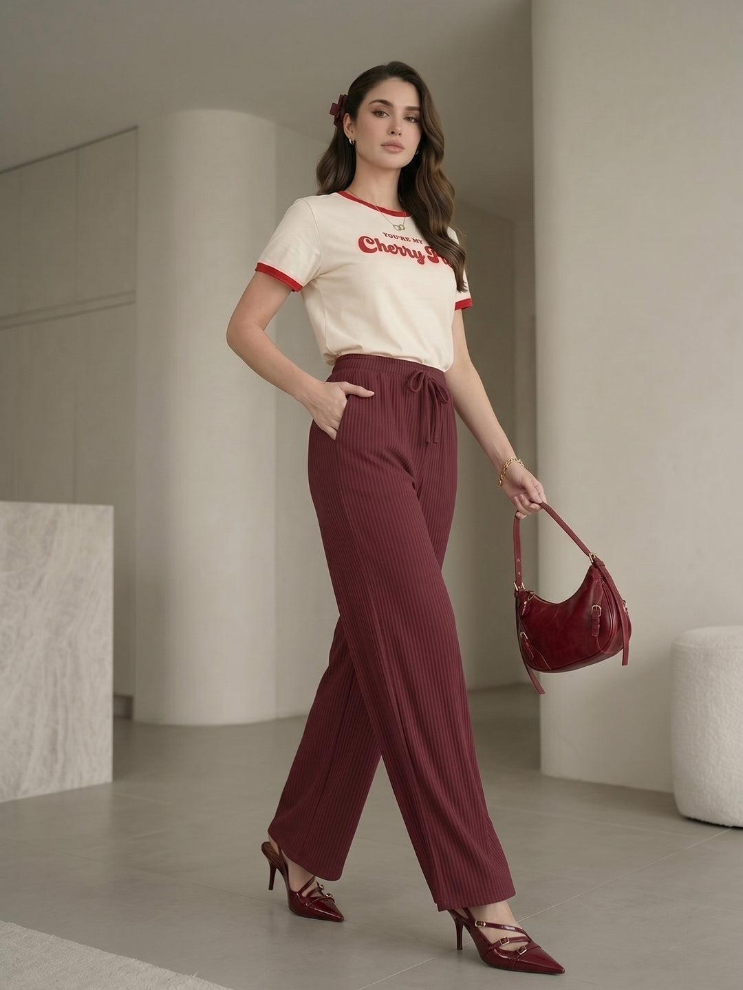 Women's Maroon Ribbed High-Waist Wide-Leg Trouser with Drawstring
