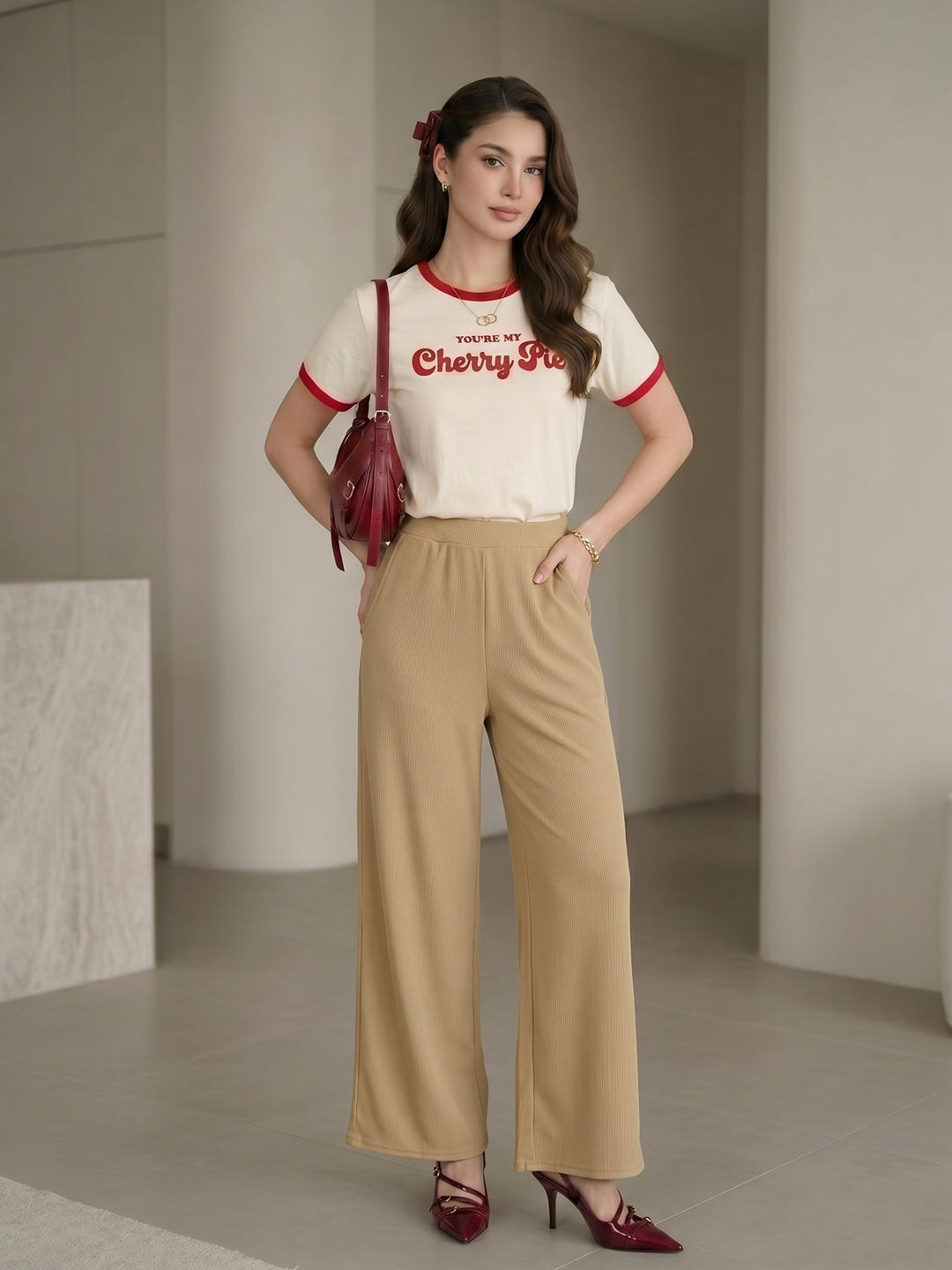 Women's Flowy Beige Ribbed High-Rise Wide-Leg Trousers