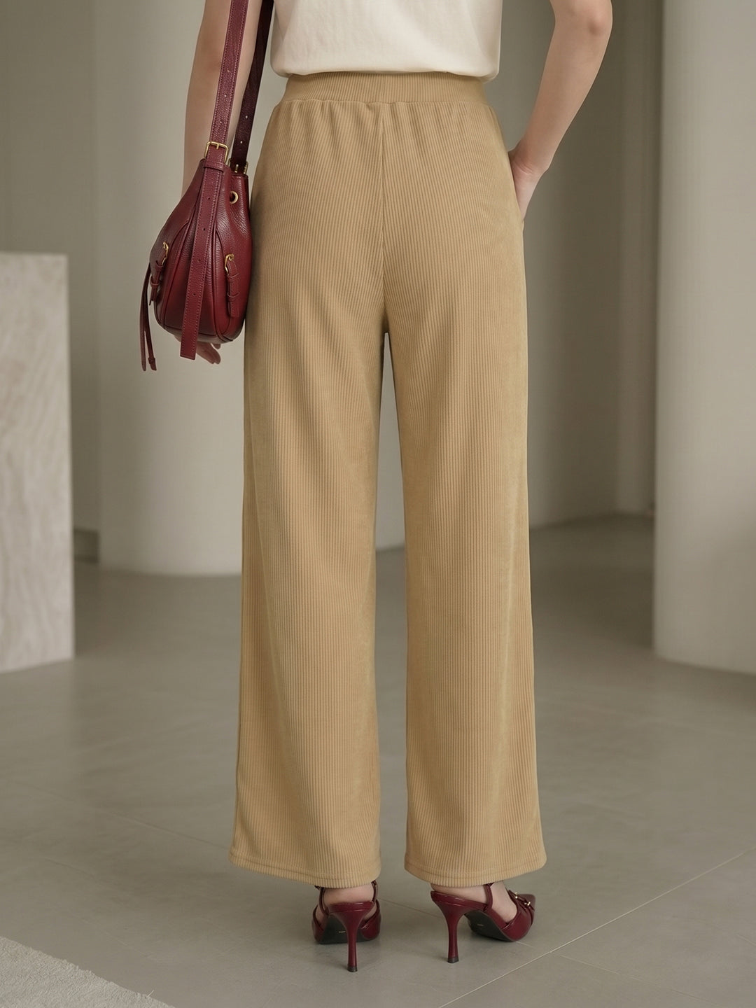 Women's Flowy Beige Ribbed High-Rise Wide-Leg Trousers