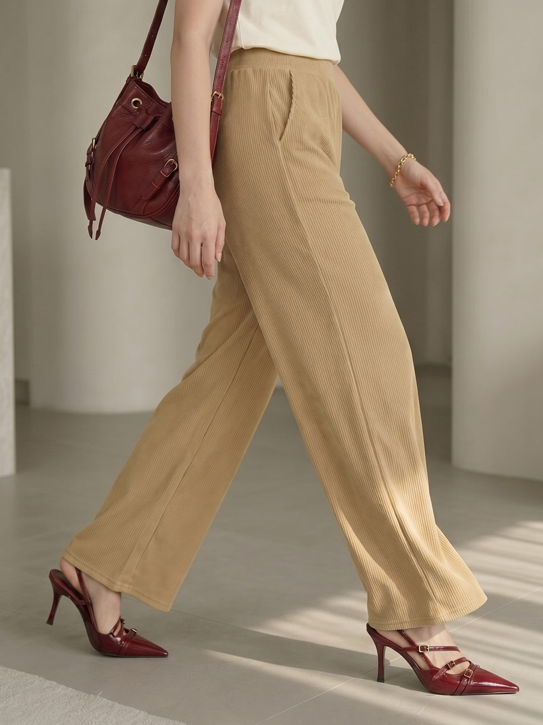 Women's Flowy Beige Ribbed High-Rise Wide-Leg Trousers