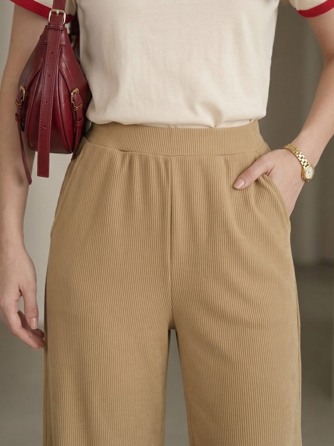 Women's Flowy Beige Ribbed High-Rise Wide-Leg Trousers