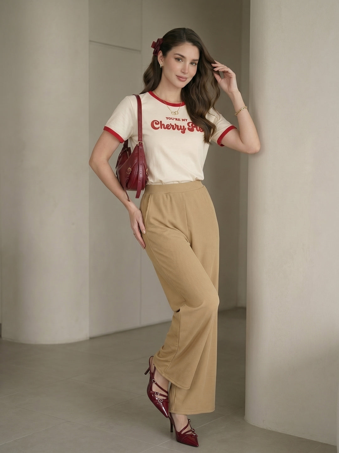 Women's Flowy Beige Ribbed High-Rise Wide-Leg Trousers
