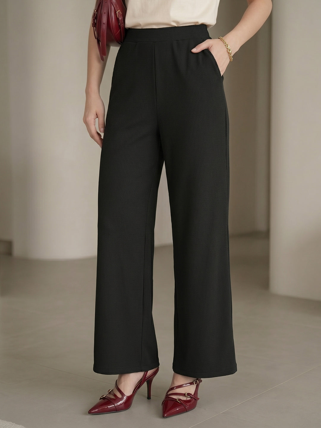 Women's Flowy Black Ribbed High-Rise Wide-Leg Trousers