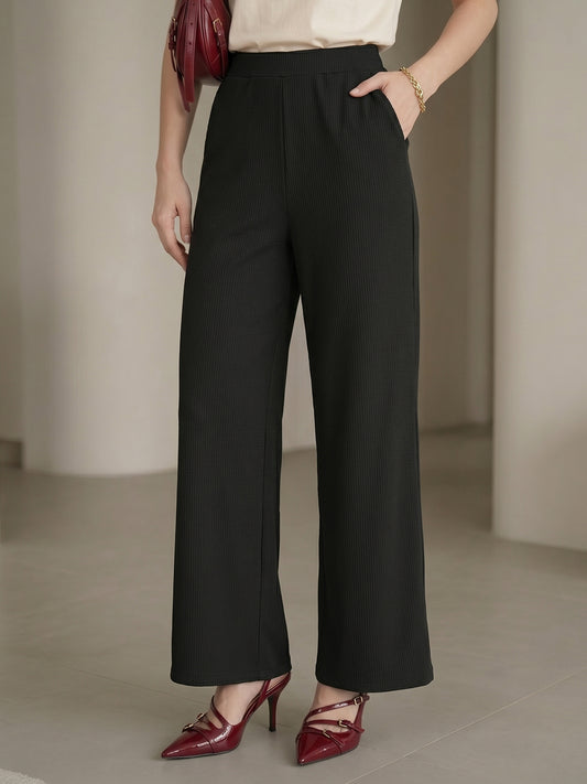 Women's Flowy Black Ribbed High-Rise Wide-Leg Trousers