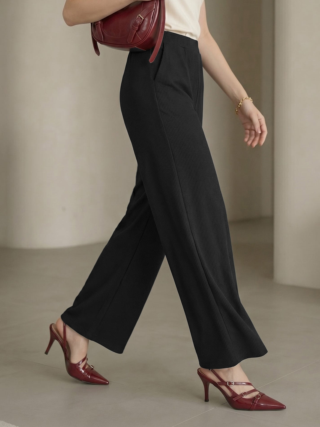 Women's Flowy Black Ribbed High-Rise Wide-Leg Trousers