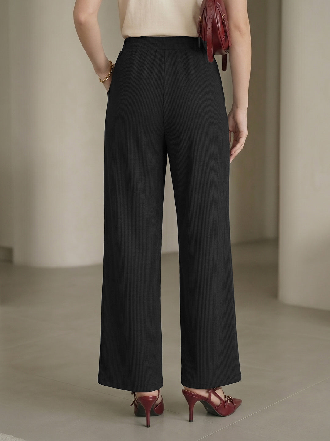 Women's Flowy Black Ribbed High-Rise Wide-Leg Trousers