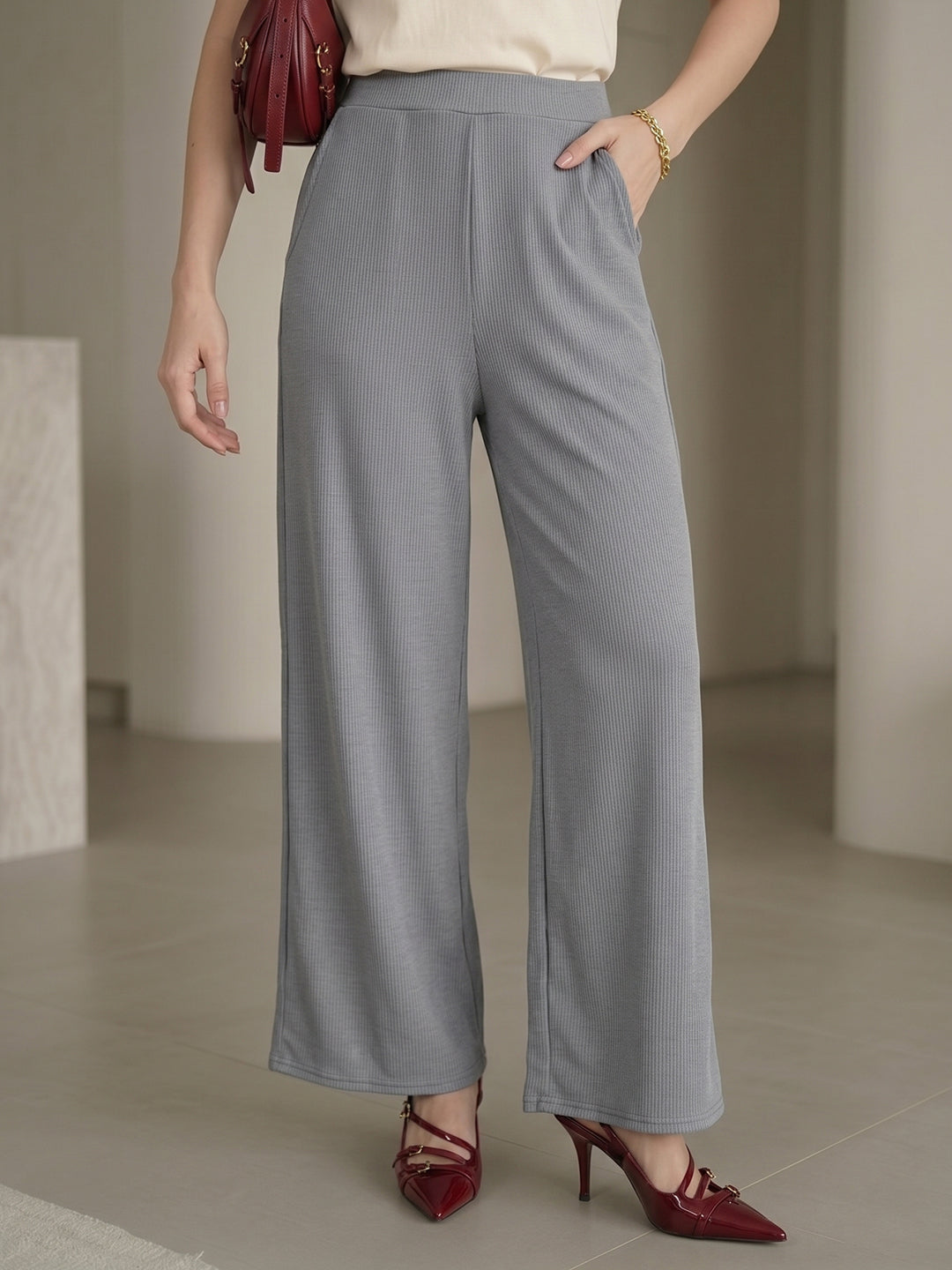 Women's Flowy Grey Ribbed High-Rise Wide-Leg Trousers