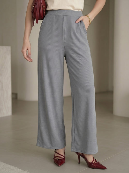 Women's Flowy Grey Ribbed High-Rise Wide-Leg Trousers